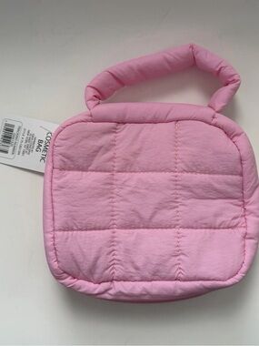 Pink Quilted Makeup Bag with Handle Polyester 8x8x3 in Cosmetic Organizer